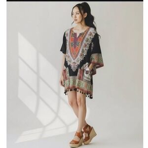 Womens Black Dashiki Tunic Dress Boho Tribal Print Tassel Hem Pockets size Large